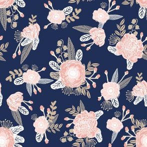 florals navy and blush pink fabric floral design
