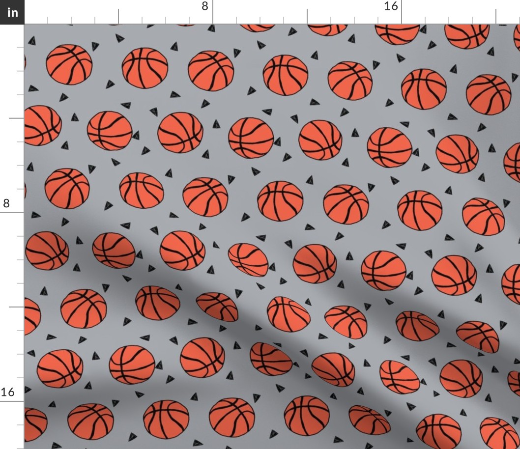 basketball fabric // sports basketball themed fabric - grey