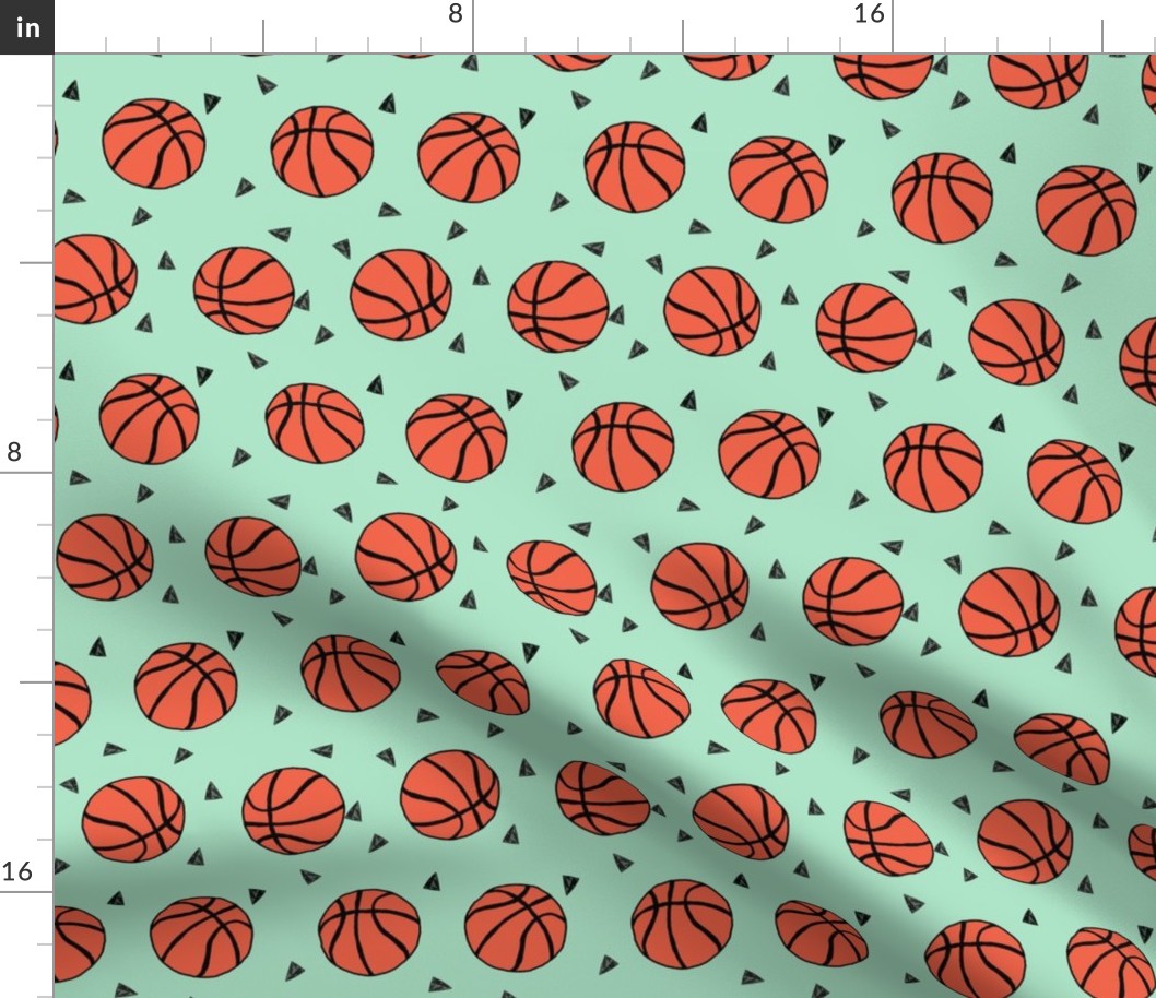 basketball fabric // sports basketball themed fabric - mint