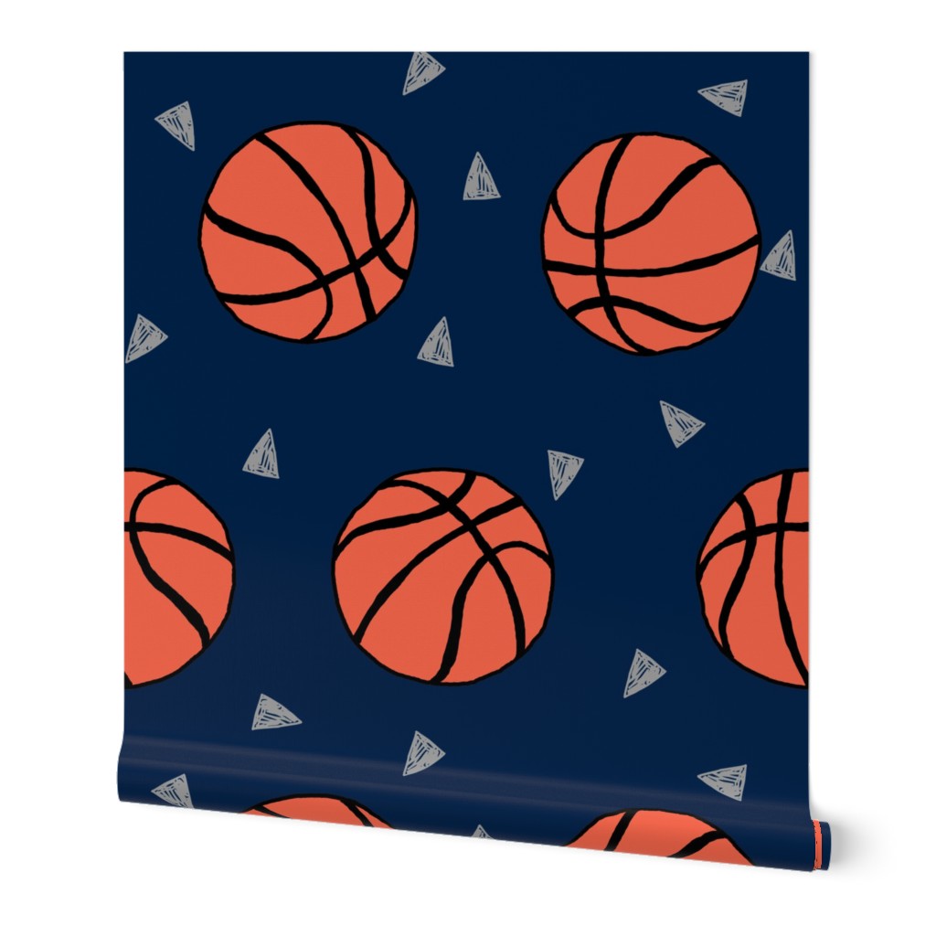basketball fabric // sports basketball themed fabric - navy