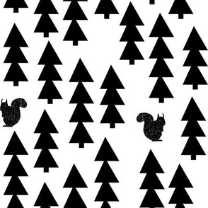squirrels fabric // black and white woodland squirrel design  triangle trees by andrea lauren