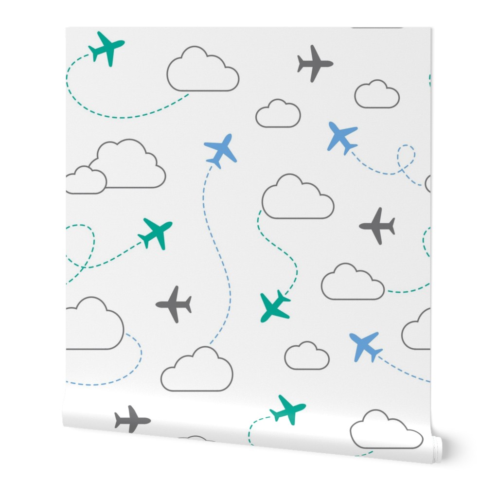 Jets in Clouds - Gray / Teal / Blue on White