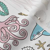 Ocean Marine Sea Life Doodle with Shark, Whale, Octopus, Yellyfish, Seaturtle on White