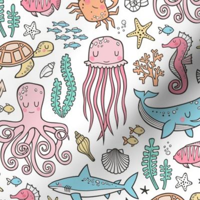 Ocean Marine Sea Life Doodle with Shark, Whale, Octopus, Yellyfish, Seaturtle on White