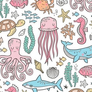 Ocean Marine Sea Life Doodle with Shark, Whale, Octopus, Yellyfish, Seaturtle on White
