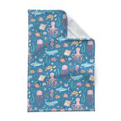 Ocean Marine Sea Life Doodle with Shark, Whale, Octopus, Yellyfish, Seaturtle on Dark Blue Navy