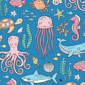 Ocean Marine Sea Life Doodle with Shark, Whale, Octopus, Yellyfish, Seaturtle on Dark Blue Navy