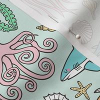 Ocean Marine Sea Life Doodle with Shark, Whale, Octopus, Yellyfish, Seaturtle on Soft Mint Green