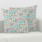 Ocean Marine Sea Life Doodle with Shark, Whale, Octopus, Yellyfish, Seaturtle on Soft Mint Green