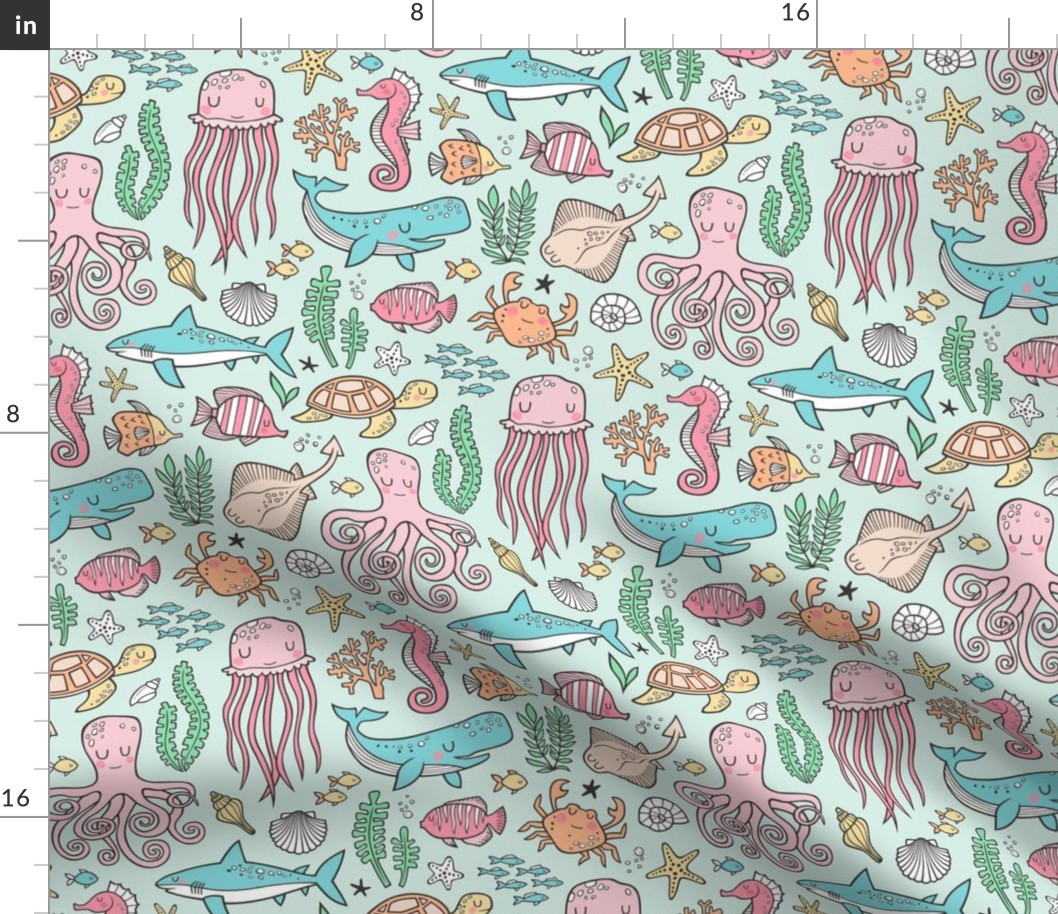 Ocean Marine Sea Life Doodle with Shark, Whale, Octopus, Yellyfish, Seaturtle on Soft Mint Green