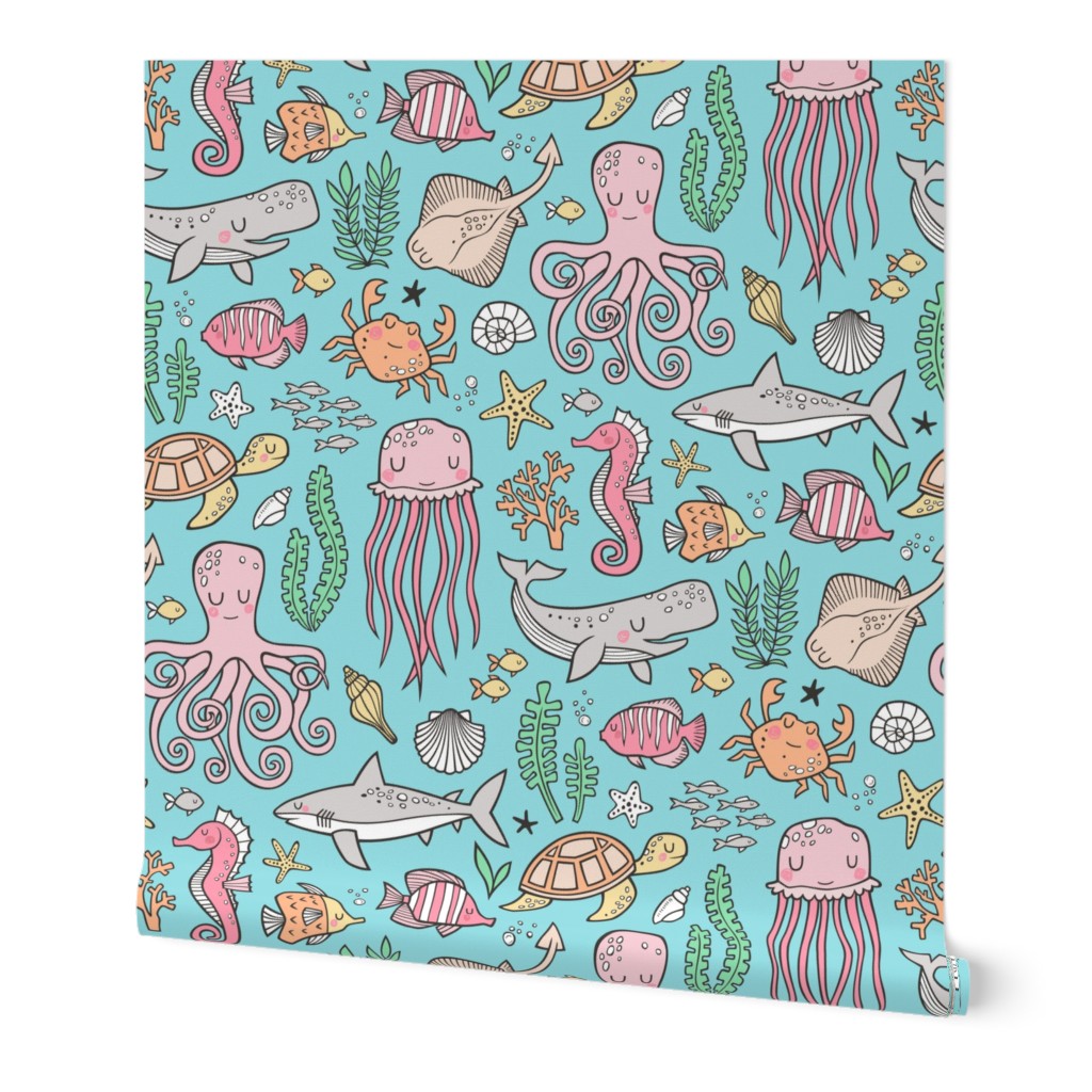 Ocean Marine Sea Life Doodle with Shark, Whale, Octopus, Yellyfish, Seaturtle on Blue