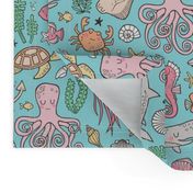 Ocean Marine Sea Life Doodle with Shark, Whale, Octopus, Yellyfish, Seaturtle on Blue