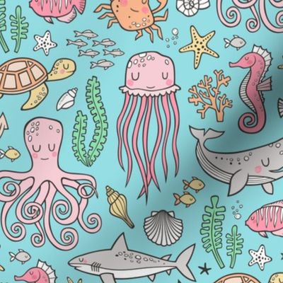 Ocean Marine Sea Life Doodle with Shark, Whale, Octopus, Yellyfish, Seaturtle on Blue