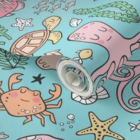 Ocean Marine Sea Life Doodle with Shark, Whale, Octopus, Yellyfish, Seaturtle on Blue