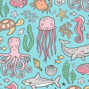 Ocean Marine Sea Life Doodle with Shark, Whale, Octopus, Yellyfish, Seaturtle on Blue