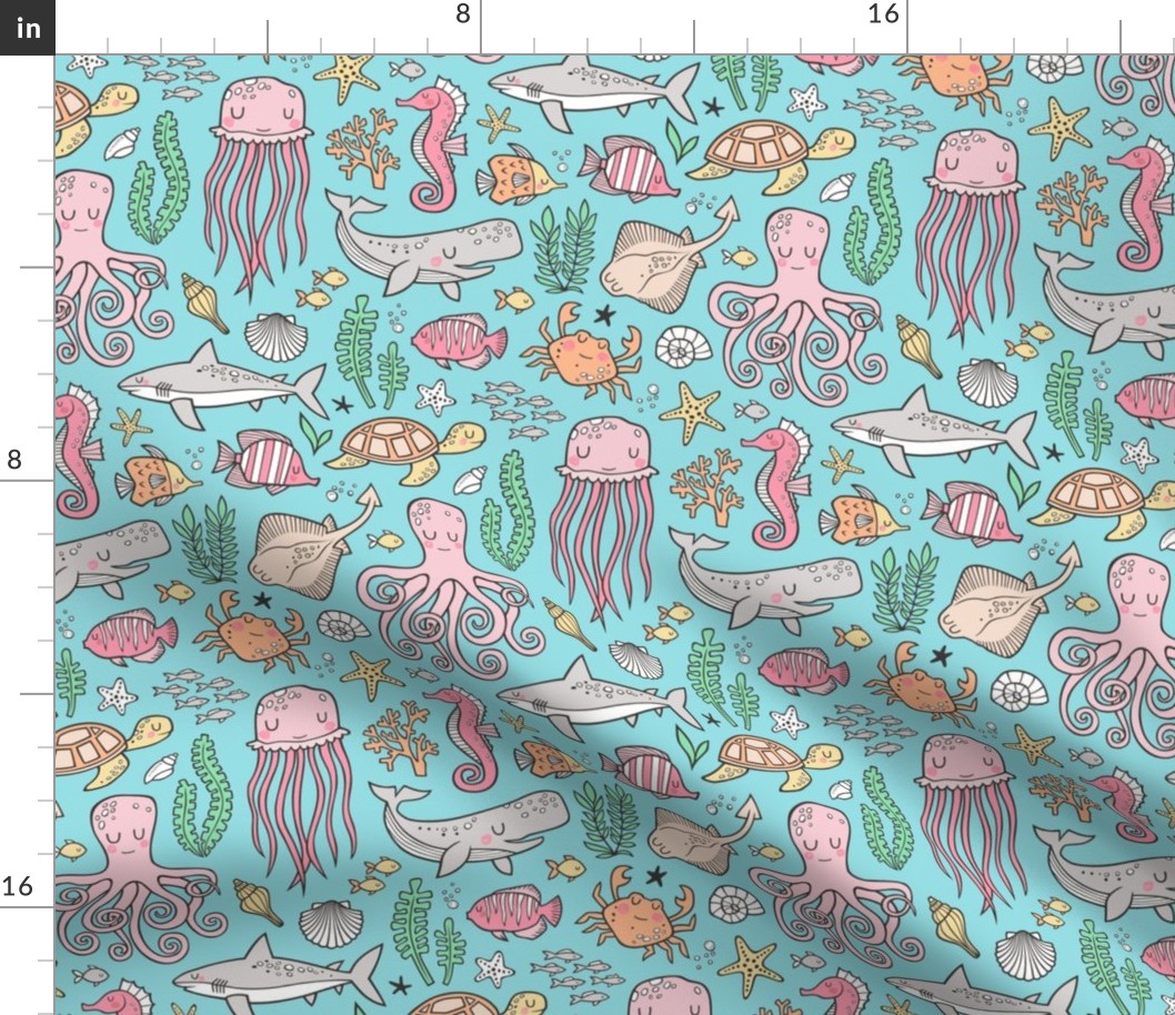 Ocean Marine Sea Life Doodle with Shark, Whale, Octopus, Yellyfish, Seaturtle on Blue