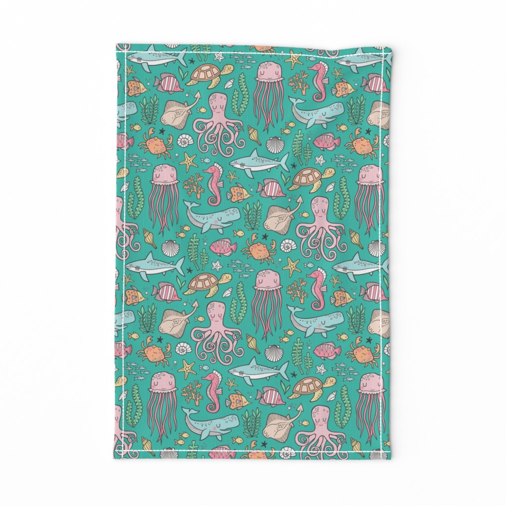 Ocean Marine Sea Life Doodle with Shark, Whale, Octopus, Yellyfish, Seaturtle on Green