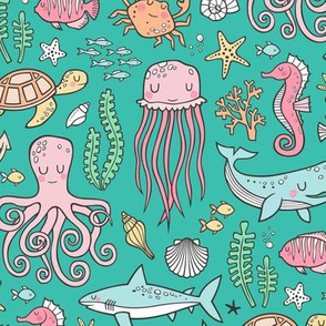 Ocean Marine Sea Life Doodle with Shark, Whale, Octopus, Yellyfish, Seaturtle on Green