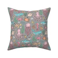 Ocean Marine Sea Life Doodle with Shark, Whale, Octopus, Yellyfish, Seaturtle on Grey