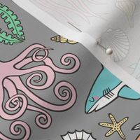 Ocean Marine Sea Life Doodle with Shark, Whale, Octopus, Yellyfish, Seaturtle on Grey