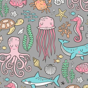 Ocean Marine Sea Life Doodle with Shark, Whale, Octopus, Yellyfish, Seaturtle on Grey