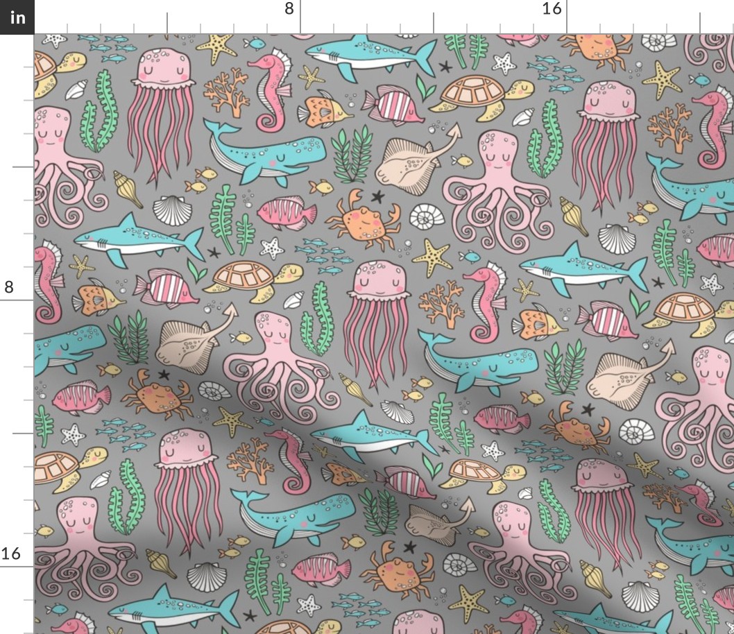 Ocean Marine Sea Life Doodle with Shark, Whale, Octopus, Yellyfish, Seaturtle on Grey