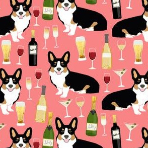 corgi tricolored fabric - yappy hour fabric beer and wine themed fabric dogs design