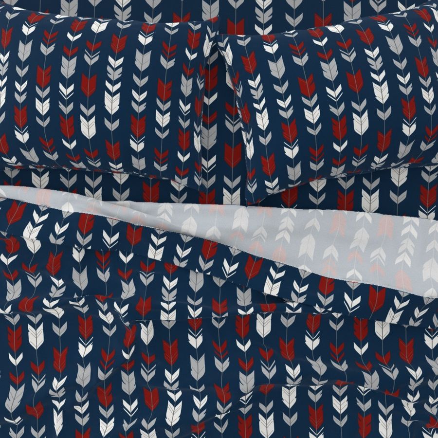 arrow Feathers- dark red, grey, white on navy