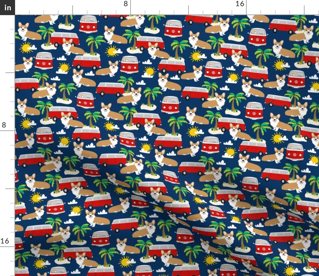 corgi summer beach fabric - surfing, dog, palm trees - navy