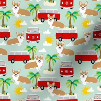 corgi summer beach fabric - surfing, dog, palm trees - mint