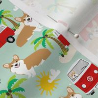 corgi summer beach fabric - surfing, dog, palm trees - mint