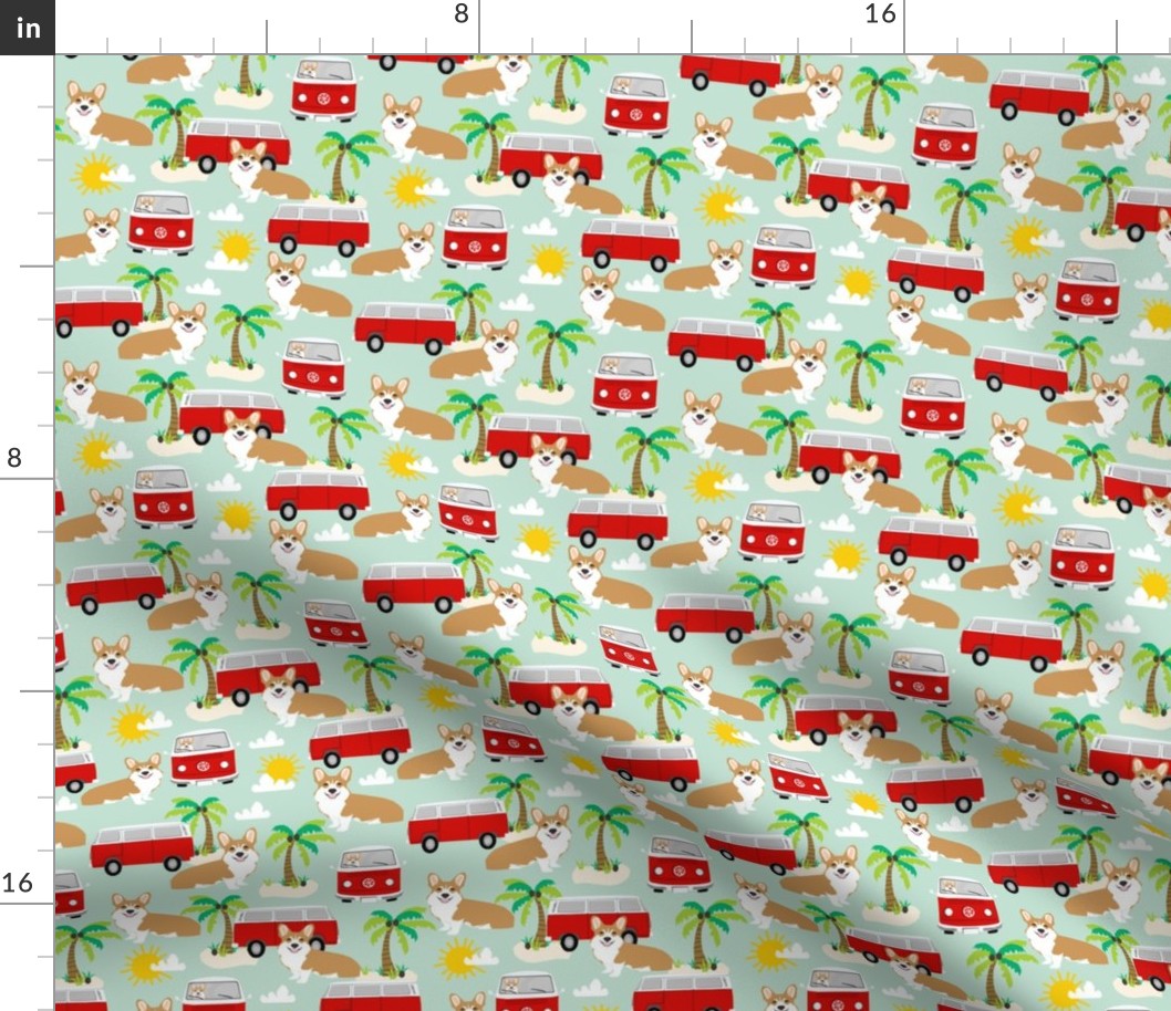 corgi summer beach fabric - surfing, dog, palm trees - mint