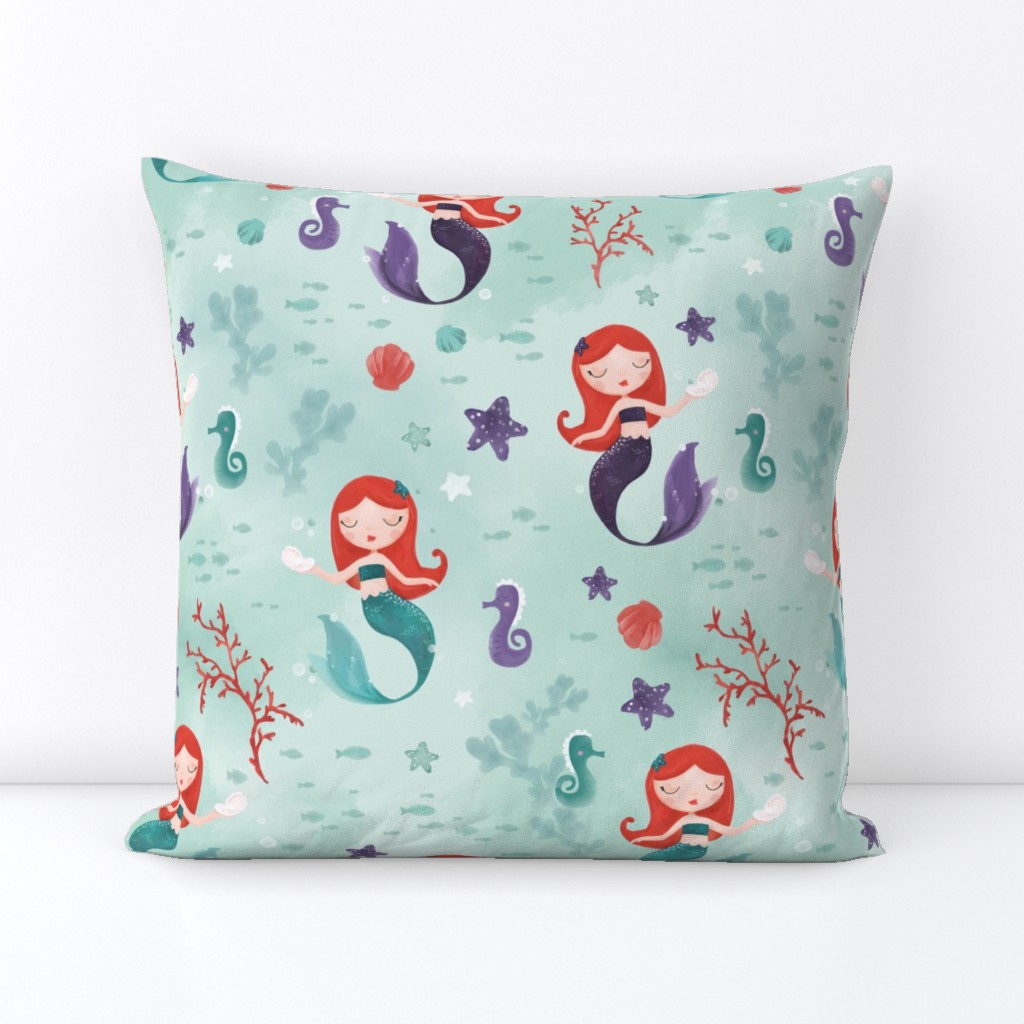 Watercolor redhead mermaids mint and purple