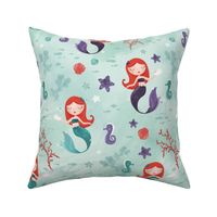 Watercolor redhead mermaids mint and purple