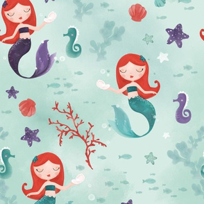 Watercolor redhead mermaids mint and purple