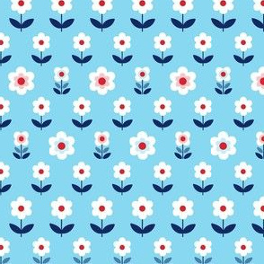 Retro Flowers Blue, Red and White