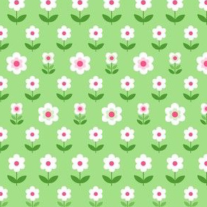 Retro Flowers Green, White and Pink