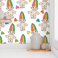 90s nostalgia fabric // cute dolls toys pastel rainbows fabric hand-drawn cute design - rainbow