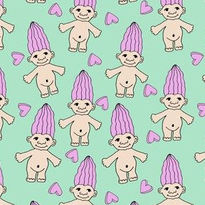 90s nostalgia fabric // cute dolls toys pastel rainbows fabric hand-drawn cute design mint and purple