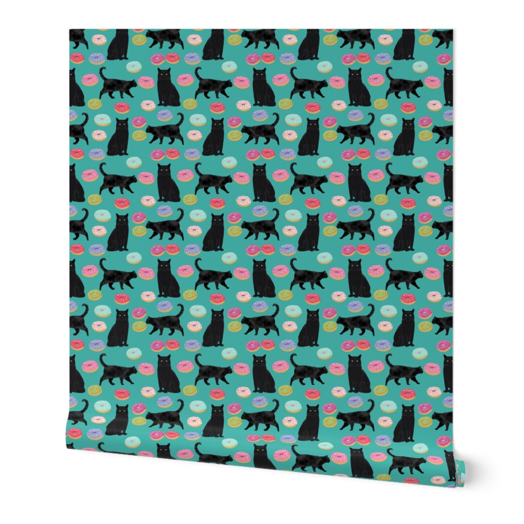 black cat donuts fabric cute food and cats fabric design - turquoise