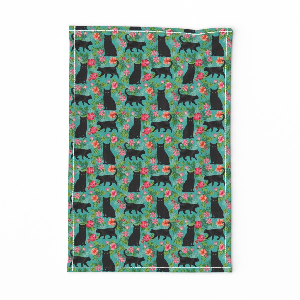 black cat fabric tropical palms summer hawaiian print - turquoise