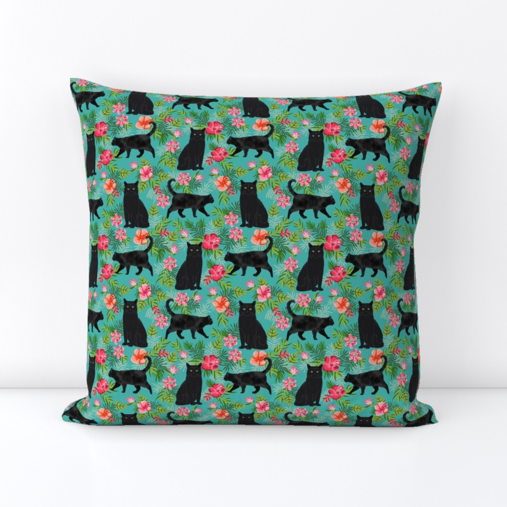 black cat fabric tropical palms summer hawaiian print - turquoise