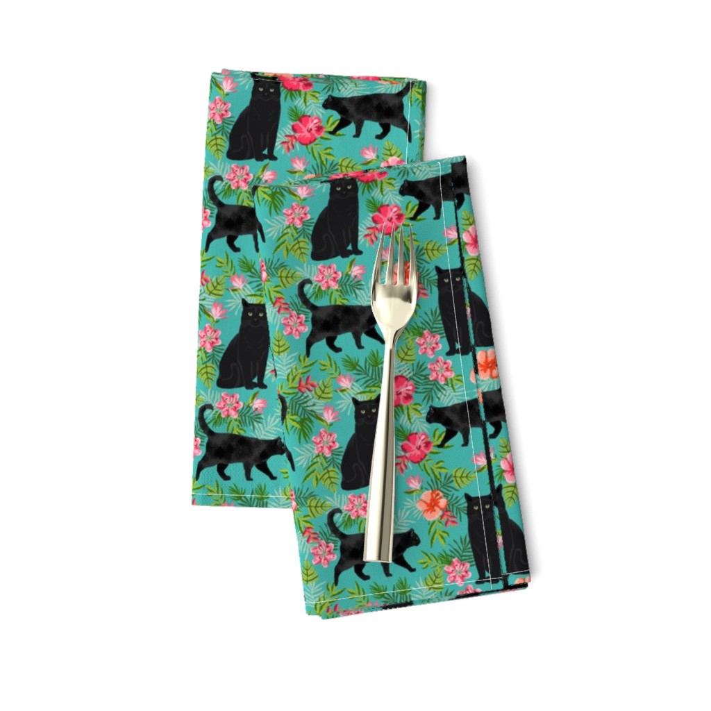 black cat fabric tropical palms summer hawaiian print - turquoise