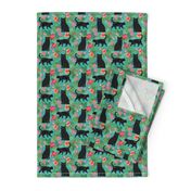 black cat fabric tropical palms summer hawaiian print - turquoise