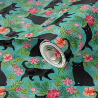 black cat fabric tropical palms summer hawaiian print - turquoise