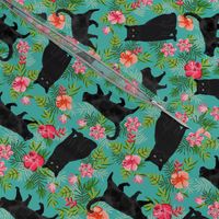 black cat fabric tropical palms summer hawaiian print - turquoise