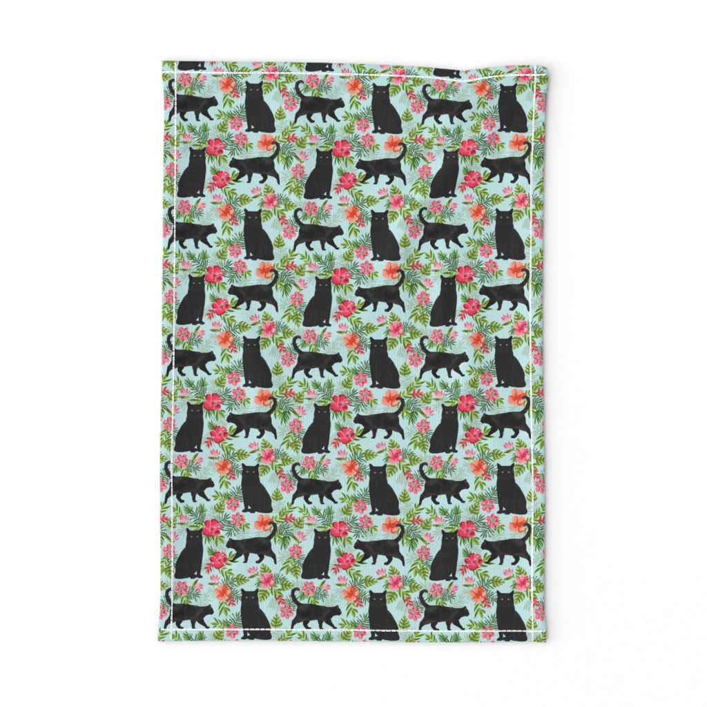 black cat fabric tropical palms summer hawaiian print - light blue