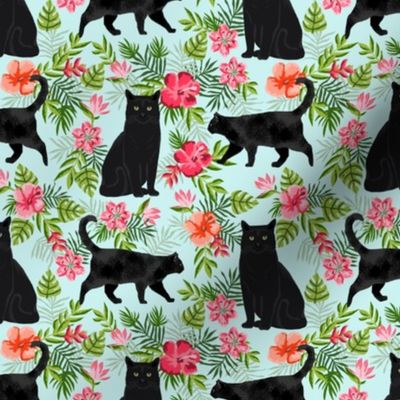 black cat fabric tropical palms summer hawaiian print - light blue