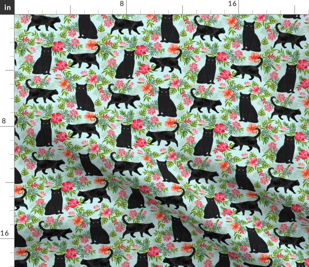 black cat fabric tropical palms summer hawaiian print - light blue