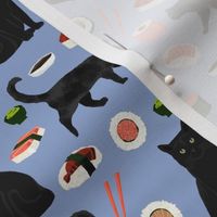 black cat sushi fabric cute cats and food fabric design - powder blue